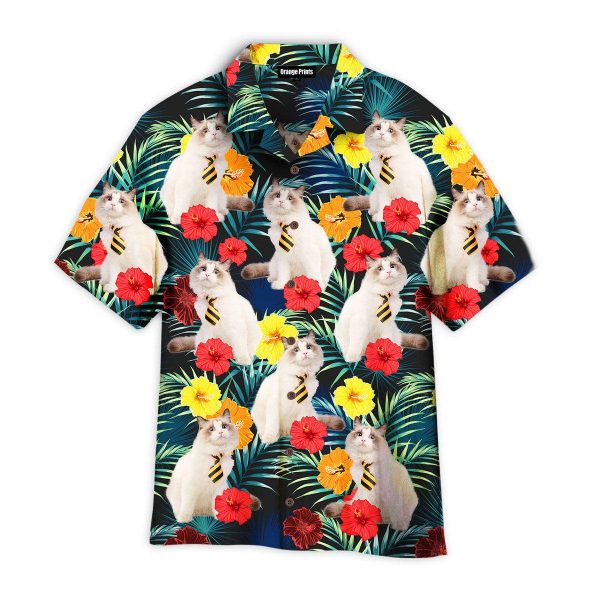 Funny White Cat Sitting Beside Tropical Floral Pattern Hawaii Shirt For Men Women Ha38039