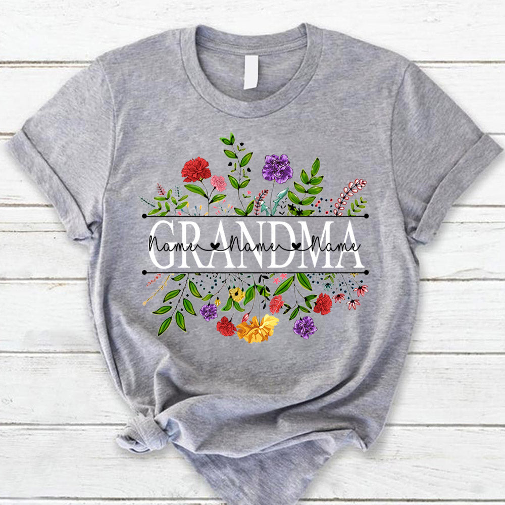 Personalized Grandma With Grandkid’S Names Carnation Frame Shirt For Grandma