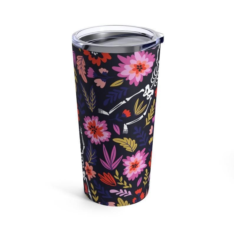 Skeleton Tumbler 20 Oz Dancing Skeleton Witch Colorful Flower Black ...