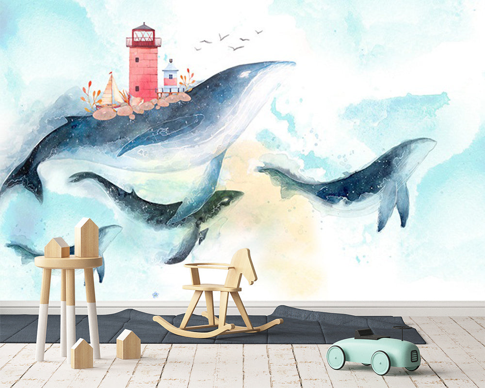 3D Whales Lighthouses Watercolors Wall Mural Wallpaper 232