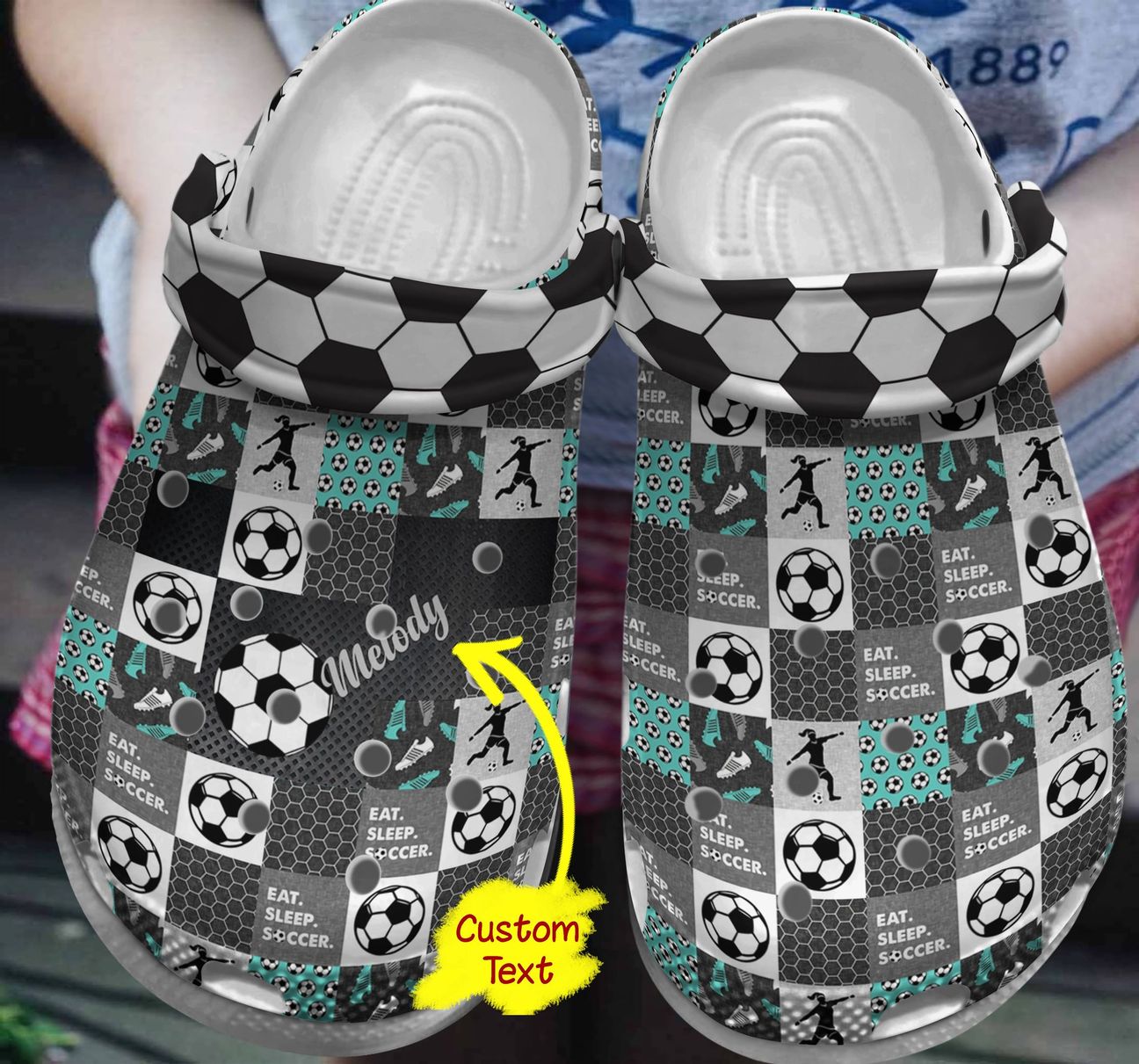 Soccer Personalized Clog, Custom Name, Text, Color, Number Fashion Style For Women, Men, Kid, Print 3D Eat Sleep Soccer