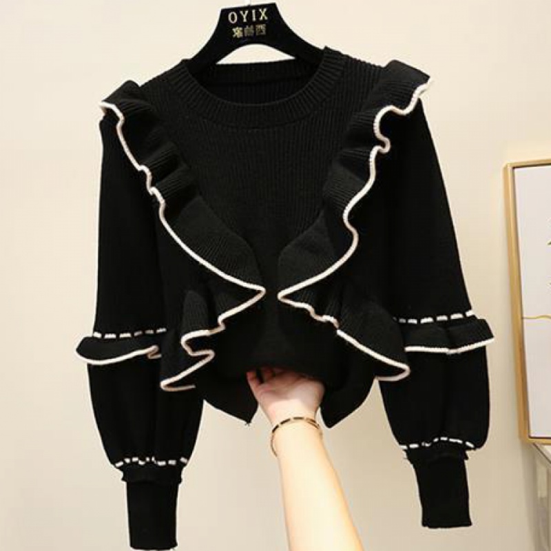 style the ruffle stitching pullover sweater new lantern sleeve knitted bottoming tops Autumn winter women’s top Korean alx