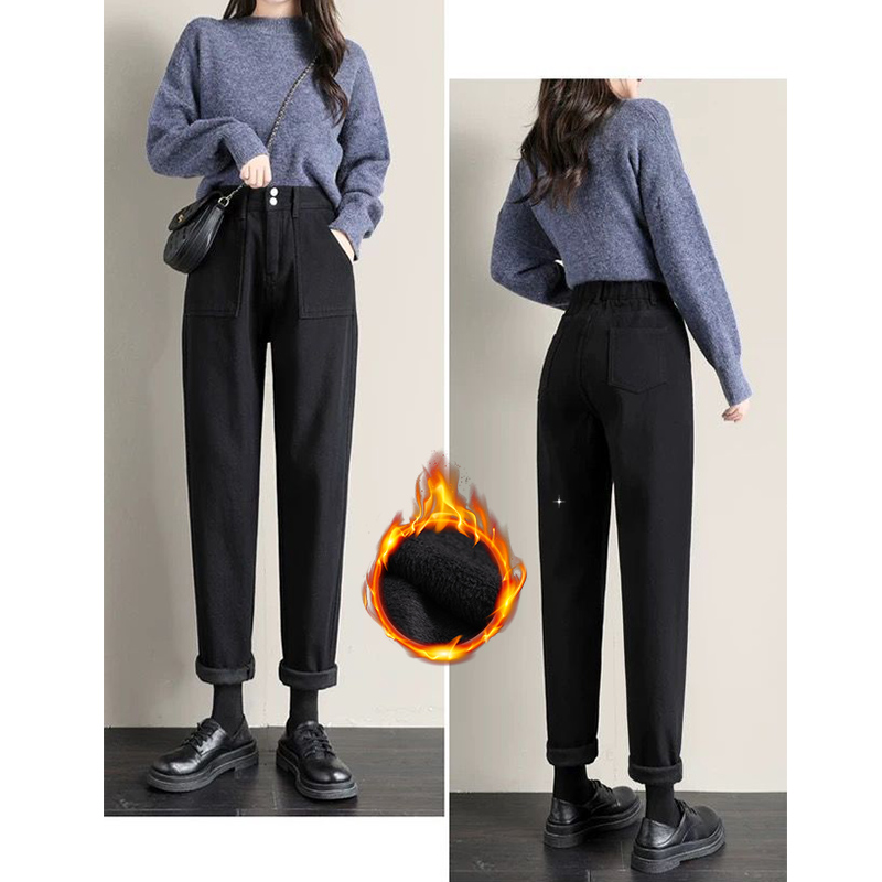 Yitimoky Fleece Jeans Woman Thicken 2 Button High Waist New Winter Fashion Warm Mom Jeans Lady Vintage Denim Slim Harem Pants alx