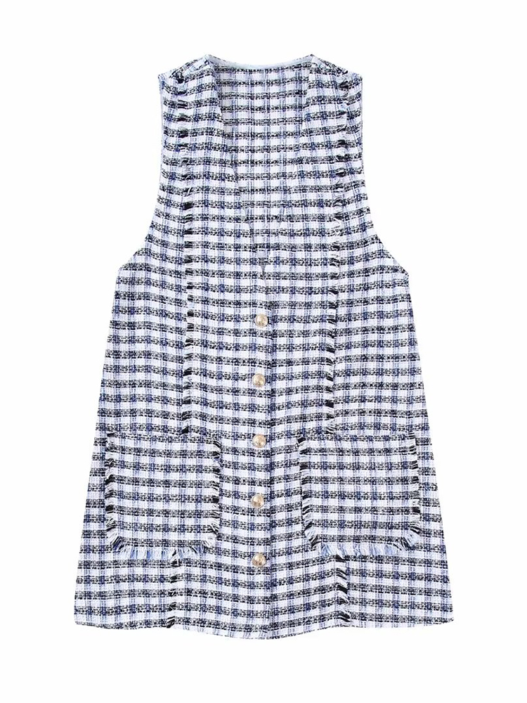 Blue Plaid Tweed Woolen Women Dress V Neck Sleeveless Pockets Fashion Autumn Short Elegant Office Ladies Robe Femme 2022 Outwear alx