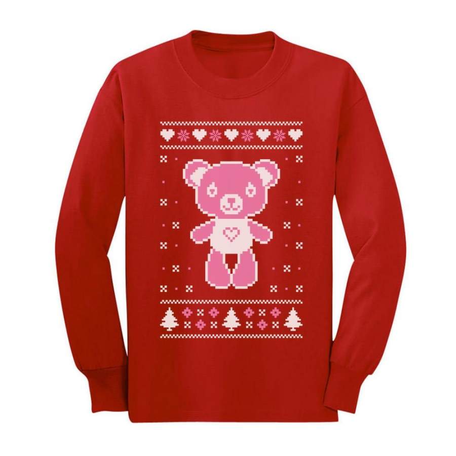 Big Pink Furry Bear Doll – Cute Ugly Christmas Sweater Youth Kids Long Sleeve T-Shirt