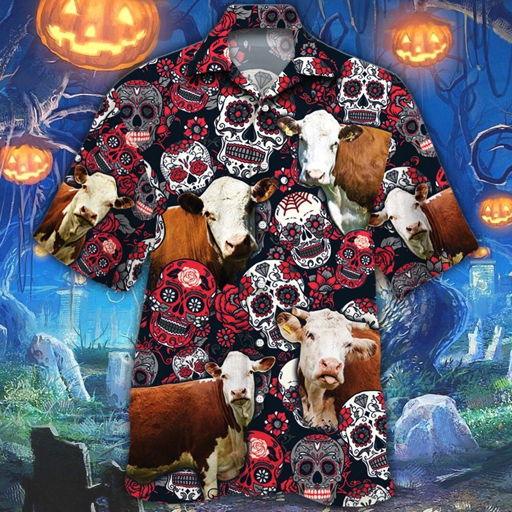 Hereford Cattle Lovers Sugar Skull Floral Hawaii Shirt Ha39946