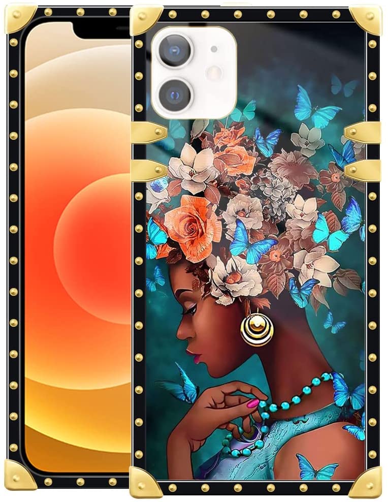 Phone Case Gift For Black Girl Phone Case Blue Butterfly Black Girl Luxury Golden Decoration Square Soft Tpu Shockproof Protective Hard Pc Back Compatible