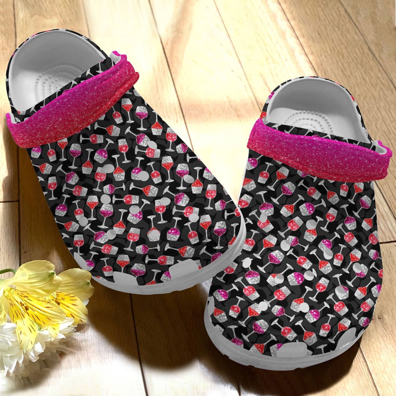 Wine Personalize Clog, Custom Name, Text, Fashion Style For Women, Men, Kid, Print 3D Whitesole Glitter Wine