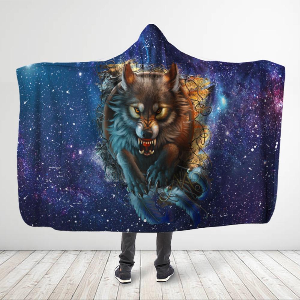 ViticStore™ All Over Printed Youth Galaxy Wolf Hooded Blanket