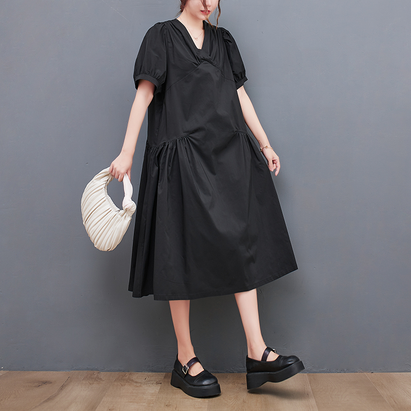 2022 New Arrival Korea Style V-neck Chic Girl’s Street Fashion Summer Dress Office Lady Work Dress Women Casual Midi Dress alx