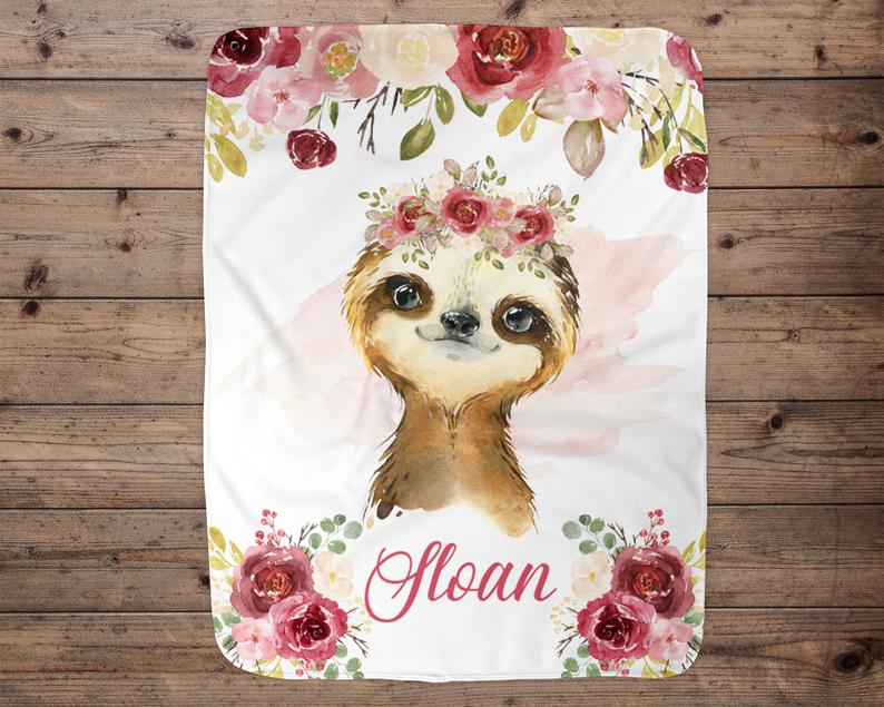 Sloth Personalized Baby Blanket, Baby Blanket, Name Baby Blanket, Girl Baby Gift, Floral, Swaddle Blanket, Blanket Girl, Girl Sloth Blanket