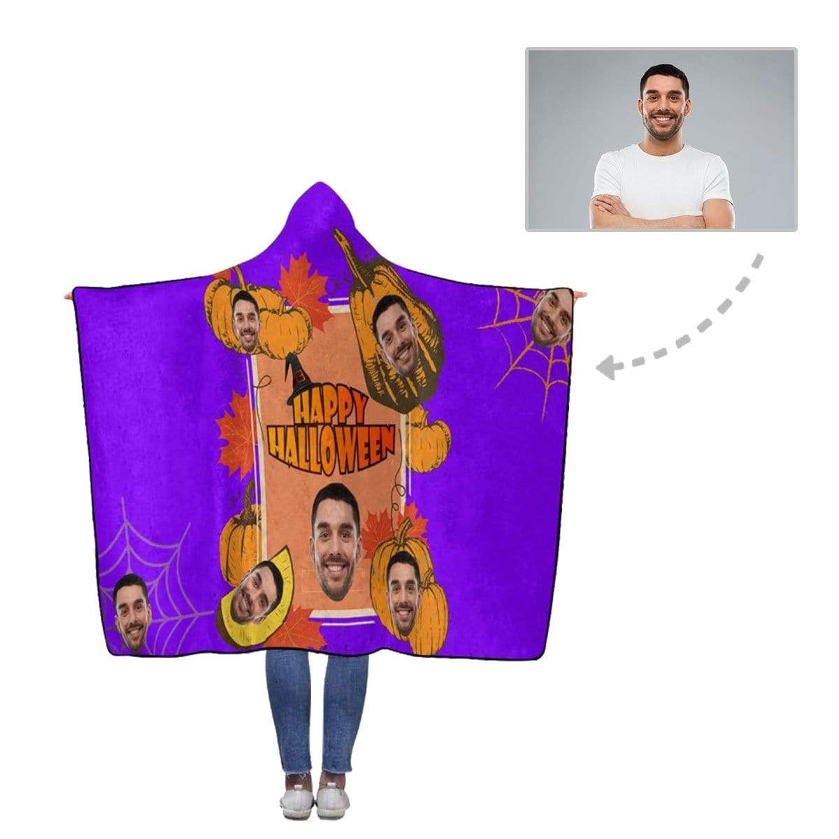 Custom Face Happy Halloween Flannel Hooded Blanket