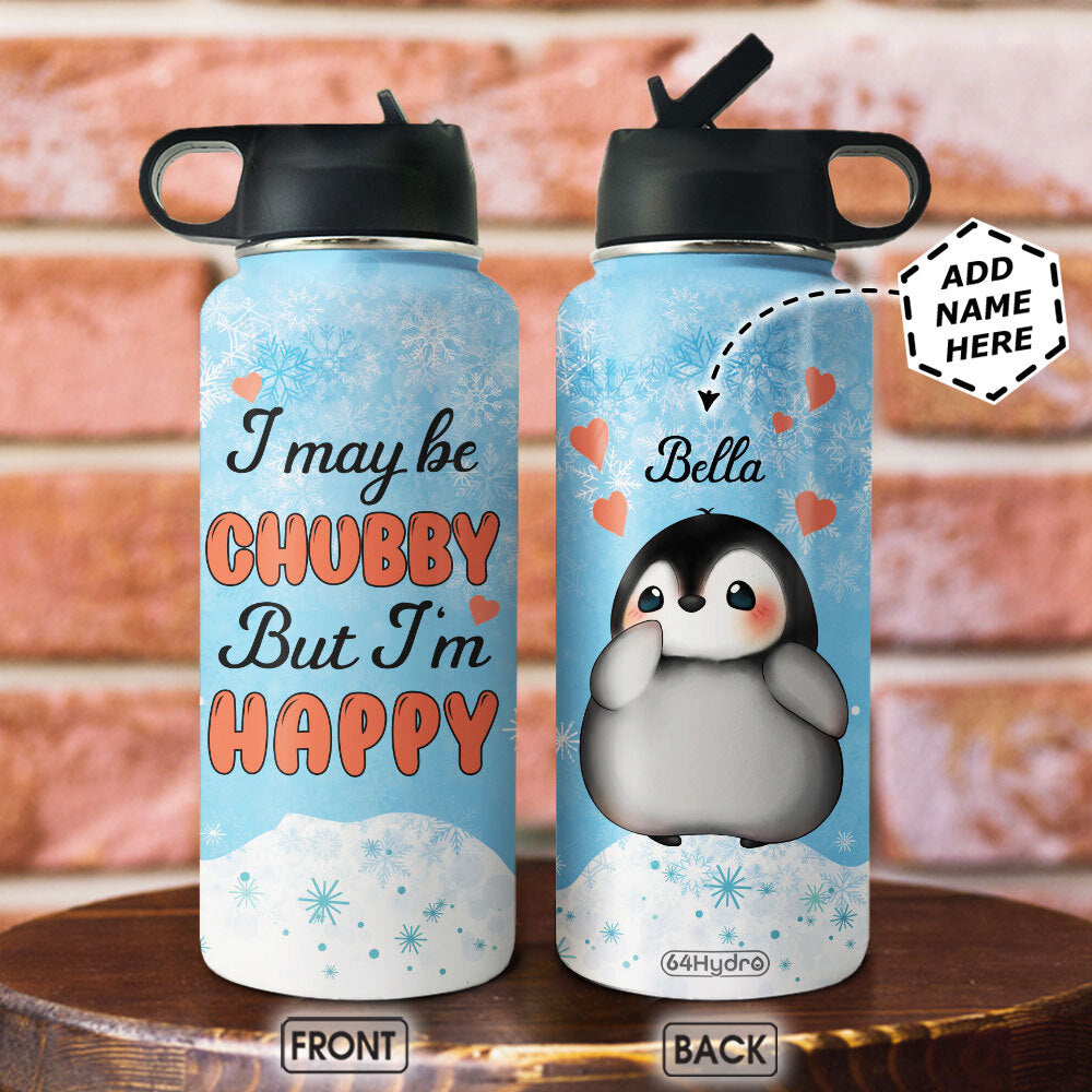 Penguin I May Be Chubby But I Am Happy Tnrz2904003Y Stainless Steel Bottle With Straw Lid