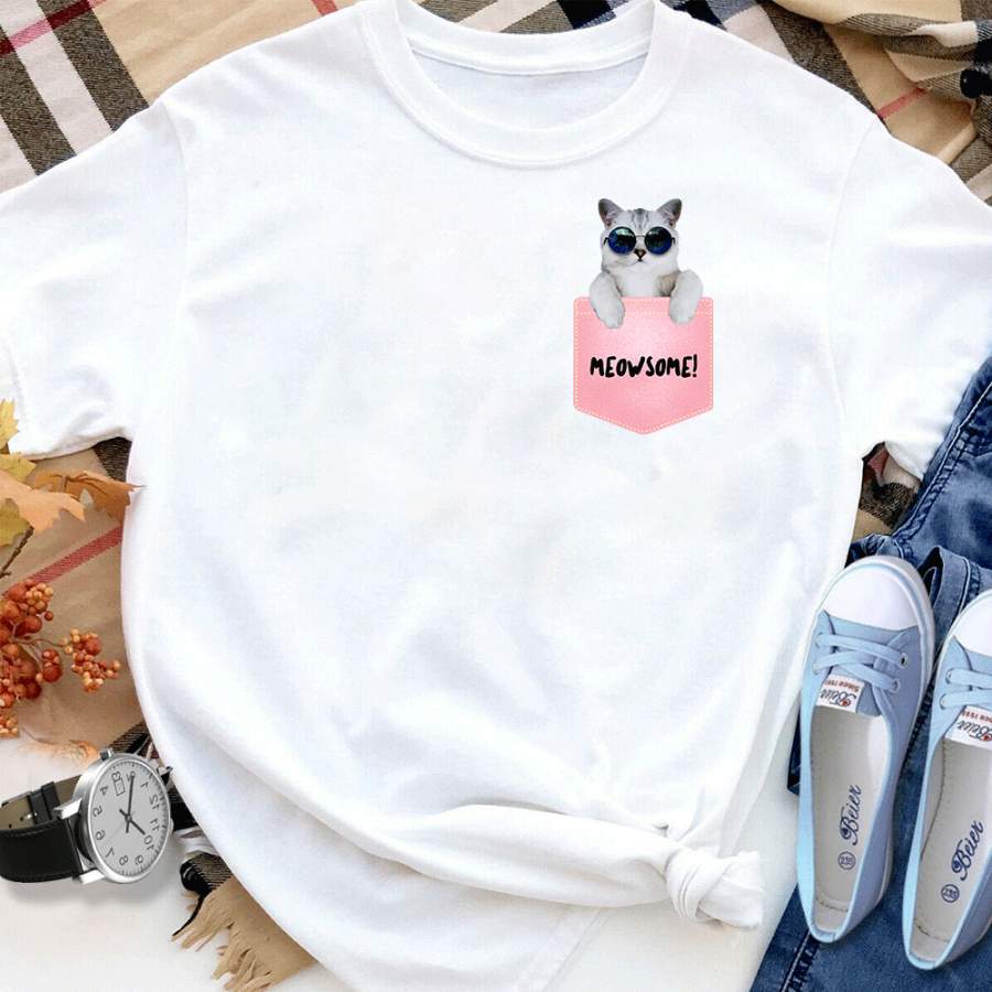 Meowsome Pocket Kitty Pocket Kitten Cat Lovers White Cotton T Shirt For Men and Women S-6XL