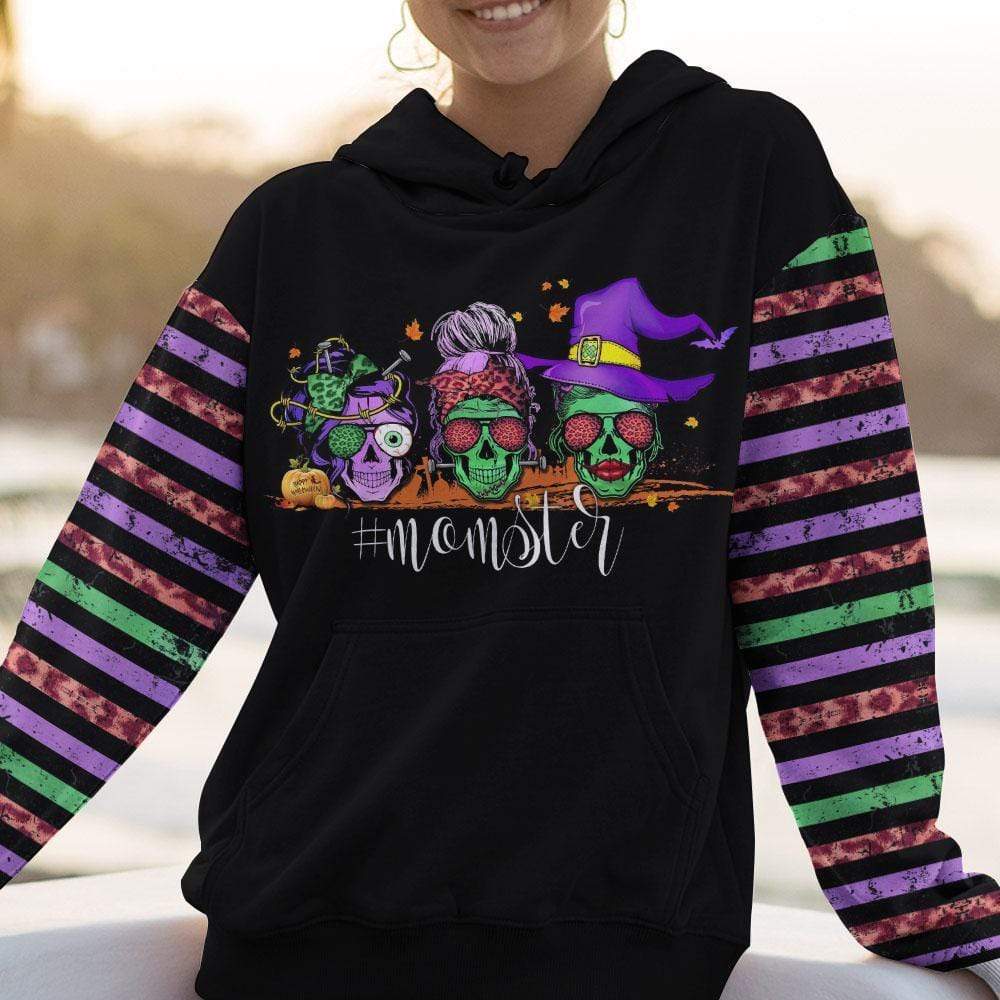 3 Skull Witches Momster Halloween Striped Black 3D All-Over Print Unisex Hoodie