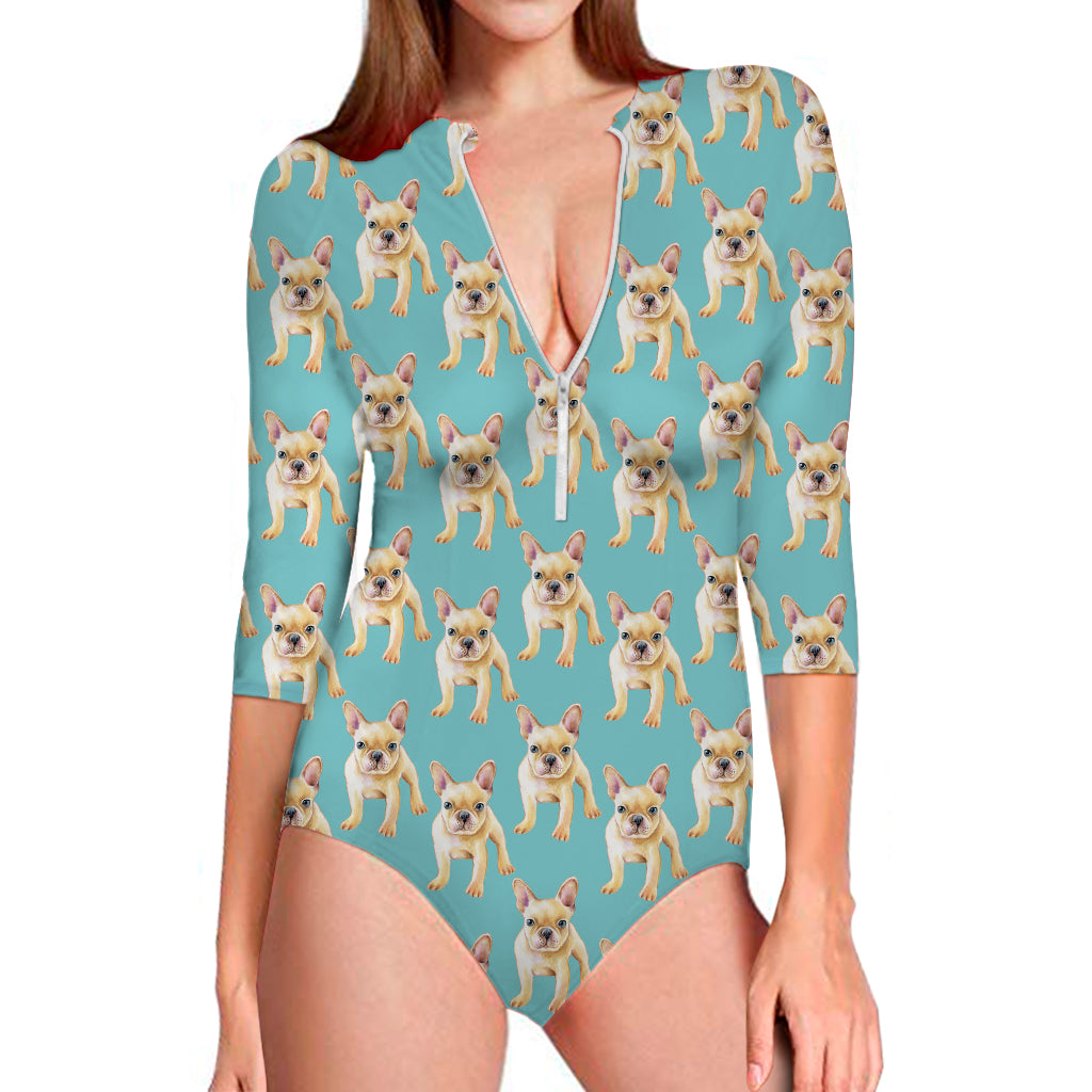 Watercolor French Bulldog Puppy Print Long Sleeve One Piece Swimsuit