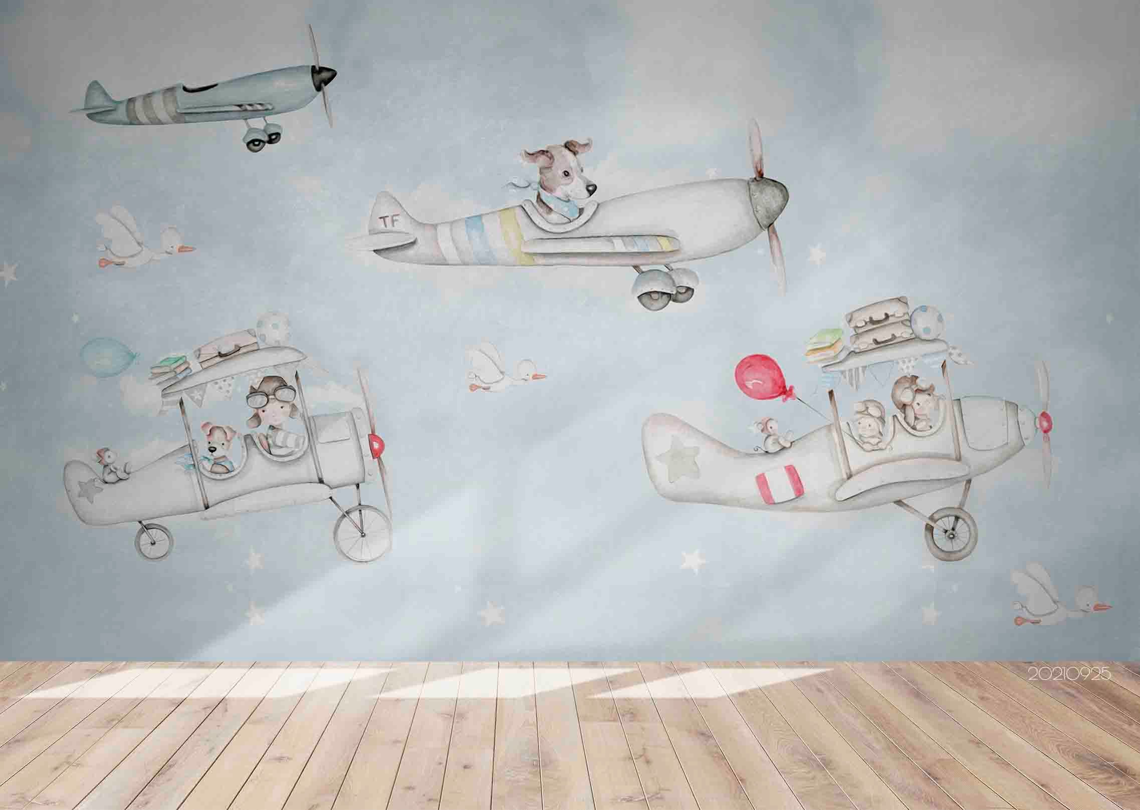 3D Cartoon Airplane Animal Kids Wall Mural Wallpaper Lqh 293