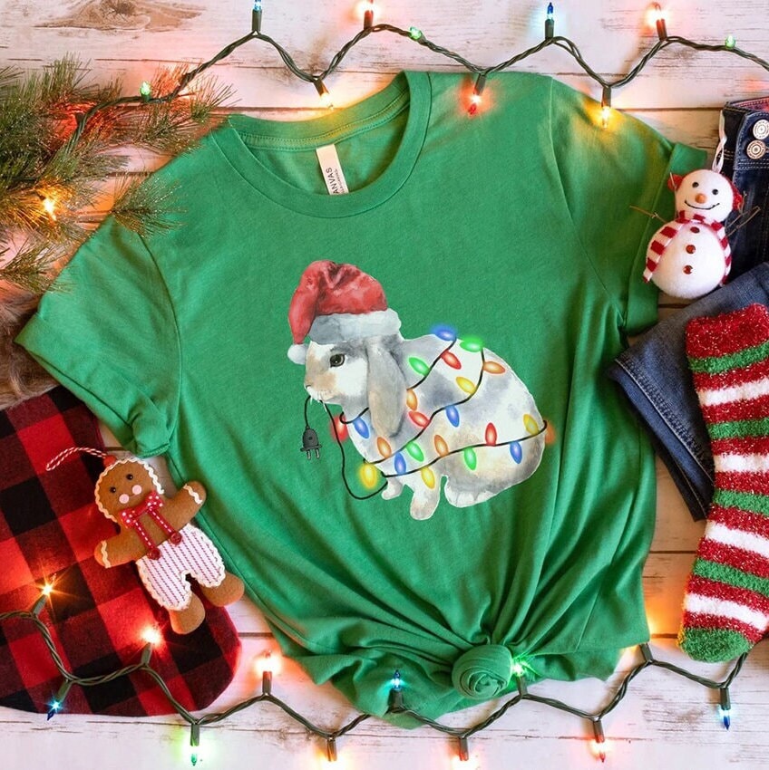 Christmas Lights Bunny Shirt, Cute Rabbit Womens Xmas TShirt, Funny Holidays T-Shirt Tee, Christmas Gift for Bunny Lover Mom Dad