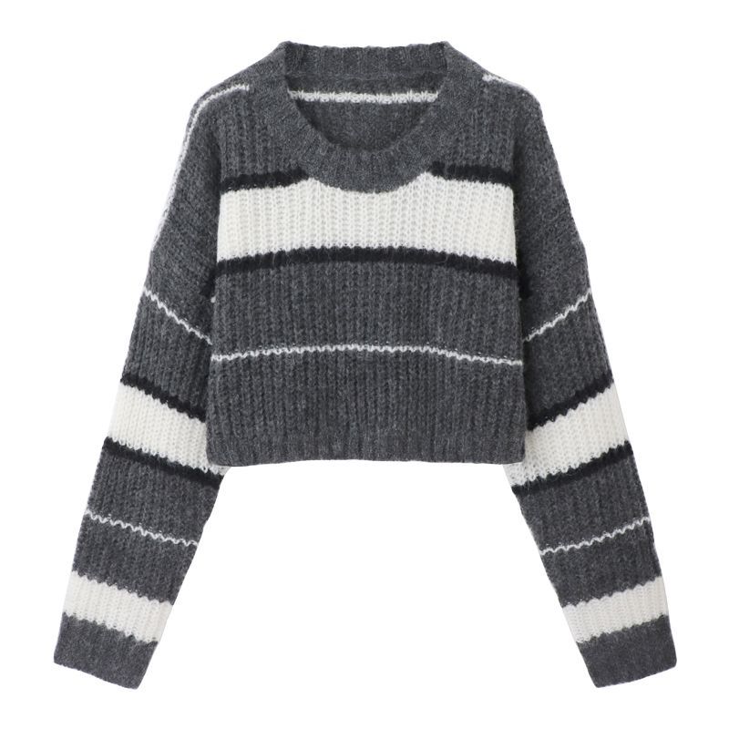 Striped Cropped Pullovers Women Autumn Simple Vintage Loose Knitwear Chic Fashion All-match Leisure Long Sleeve Sweaters Popular alx