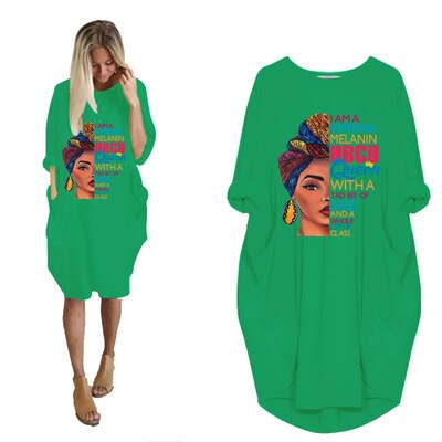 Autumn New Fashion African Dress For Women Pocket Black Beatiful Letters Print T Shirt Dresses 2021 Plus Size Midi Robe Femme alx