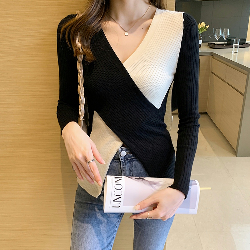 2021 New Deep V Neck Knitted Sweater Women’s Pullover Casual Cross Bottoming Sweaters Patchwork Rib Cotton Long Sleeve Top Femme alx