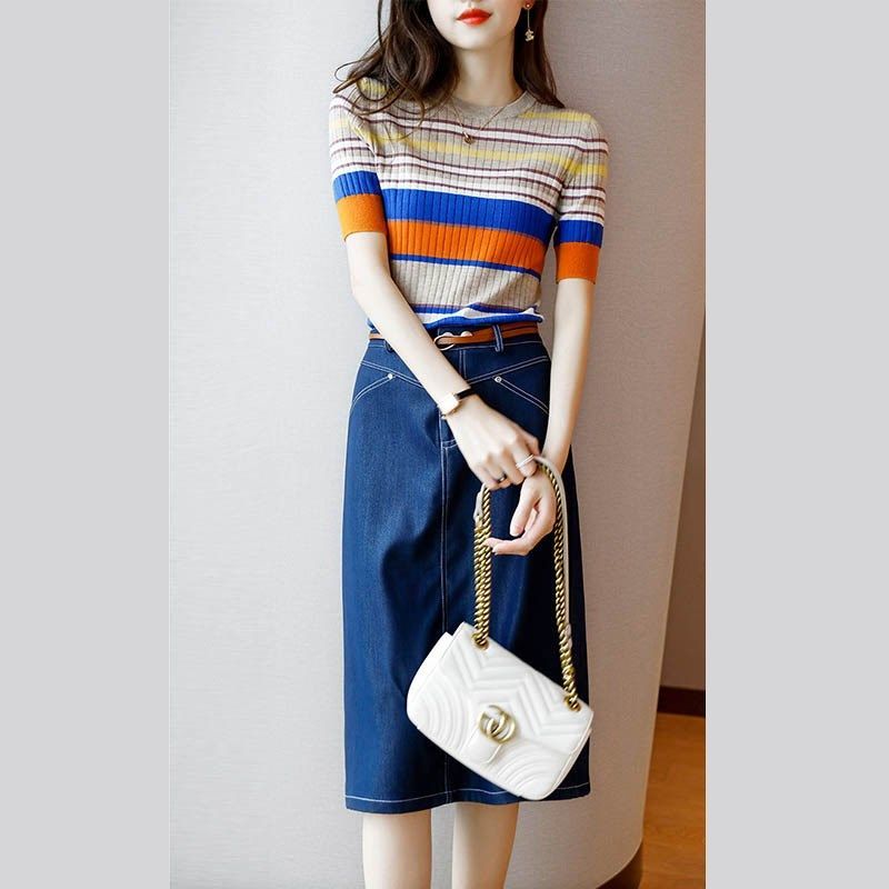 2022 Women Summer Fashion Suits Female Short-sleeved O-neck Tops and High Waist Straight Denim Skirts Ladies Two Piece Sets N41 alx