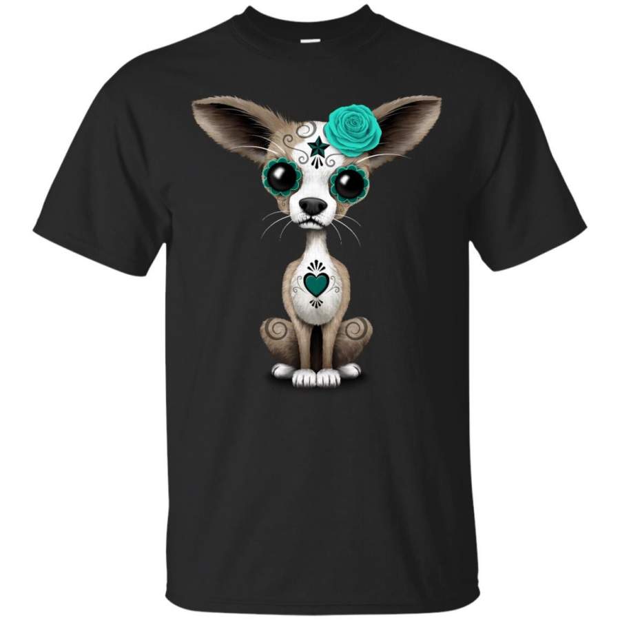 DAY OF THE DEAD – Teal Blue Day of the Dead Sugar Skull Chihuahua Puppy T Shirt & Hoodie