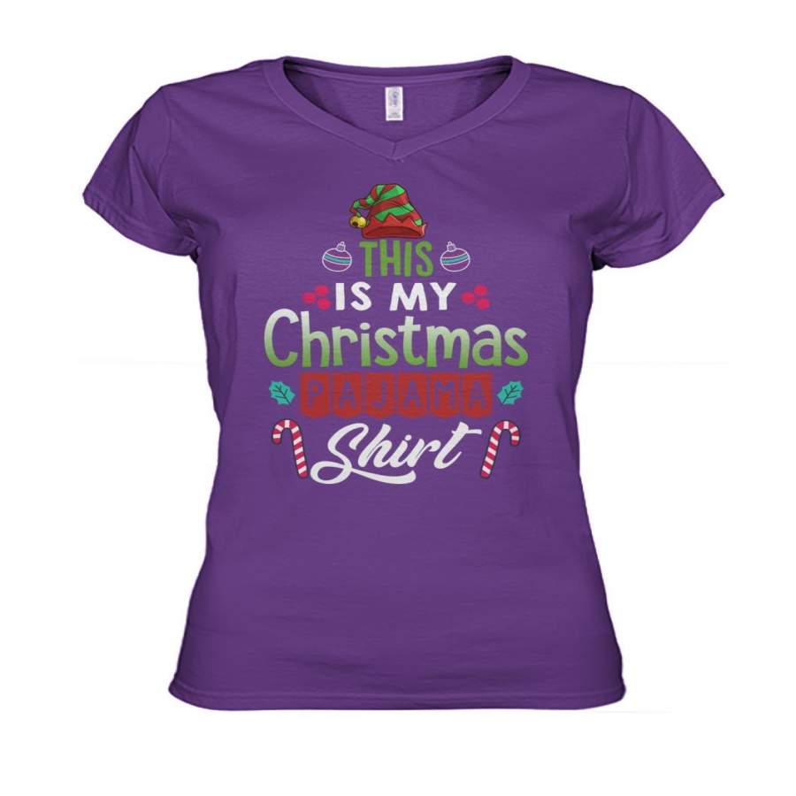 This Is My Christmas Pajama Candy Cane Xmas Ladies V-Neck