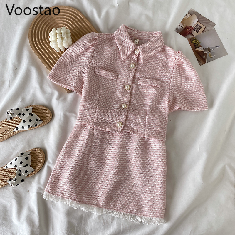 Summer Sweet Lolita Style Princess Skirt Sets Women Elegant Pink Short Sleeve Crop Tops High Waist Tassels Mini Skirts Girl Suit alx