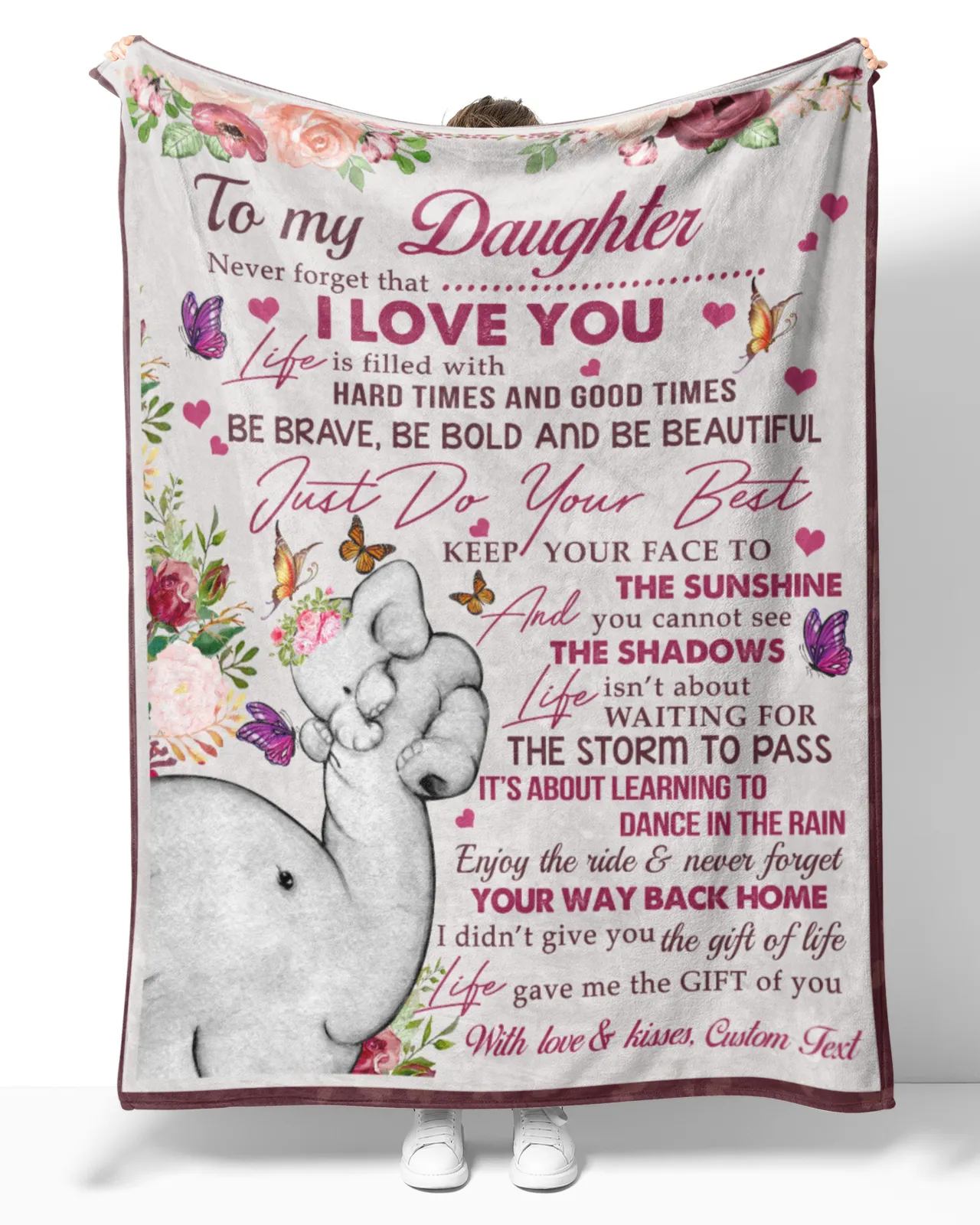 Personalized Lovely Blankets To My Daughter Rustic Floral & Elephant Hugged Fleece Blanket Custom Name