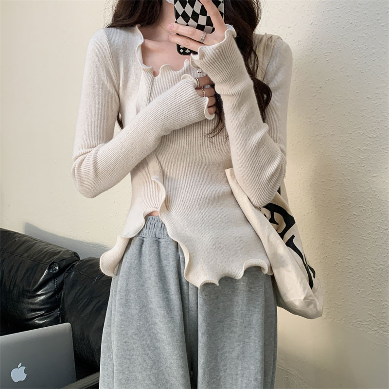 Women Fungus Split Fork Slim Sexy Knitting Shirt Pullovers 2022 Autumn New Female Long Sleeve Irregular Inside Knitting Sweater alx