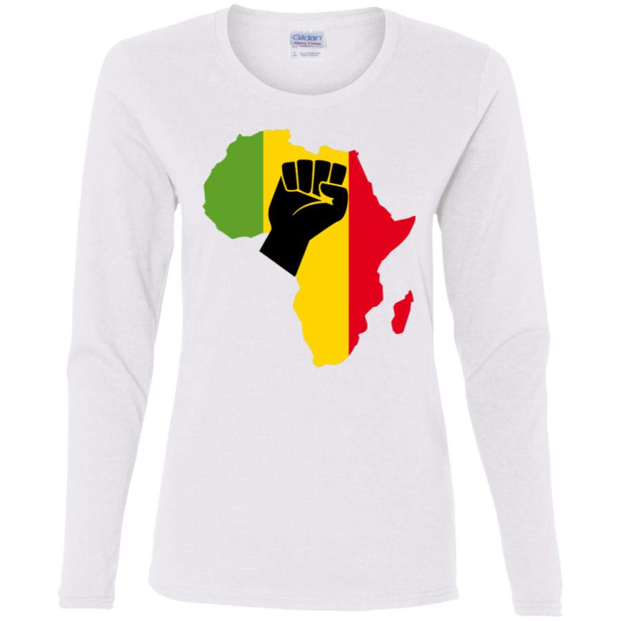 AGR Africa Black Power Africa Map Fist African Ladies’ Cotton LS T-Shirt