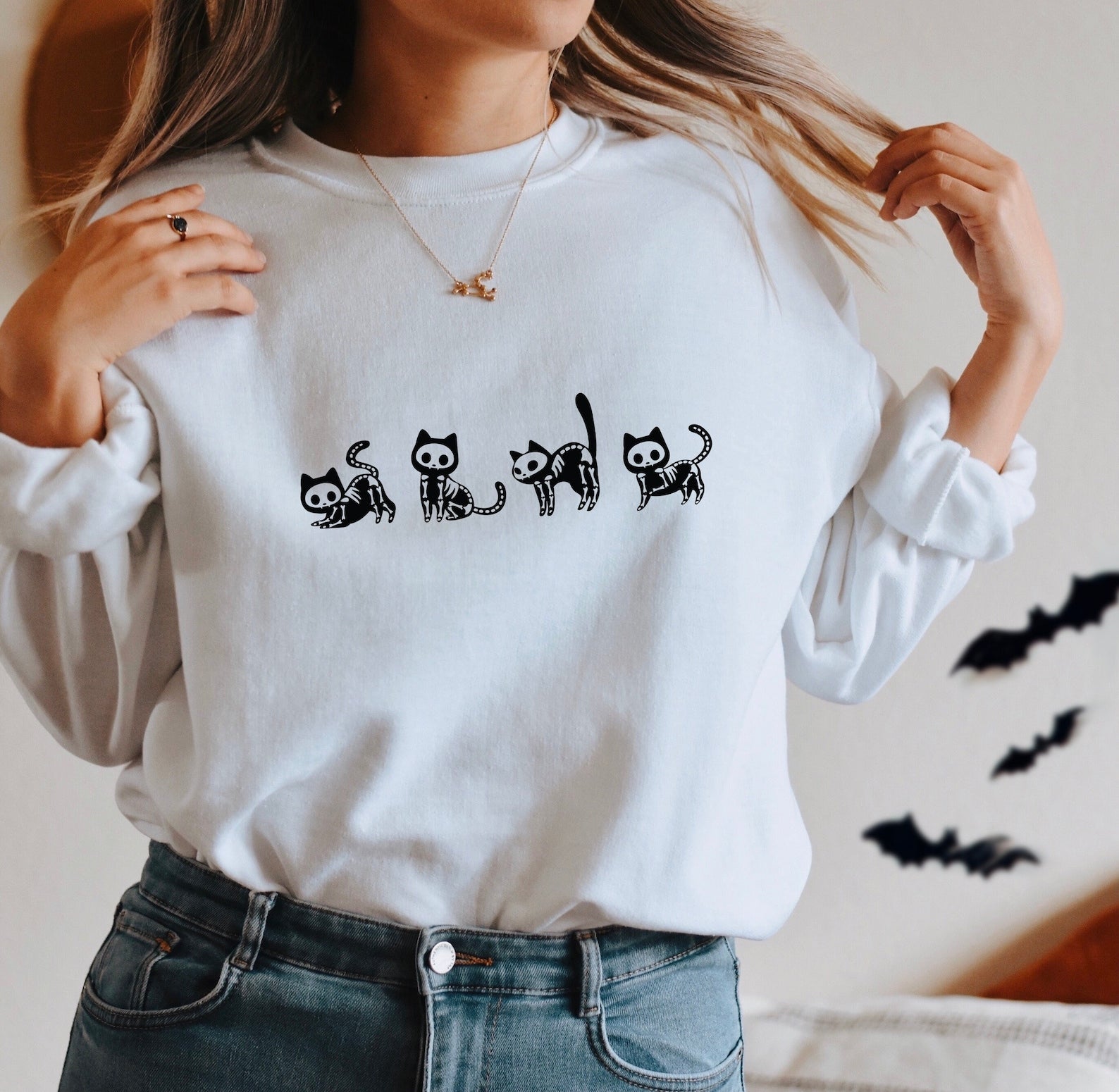 Cat Halloween Sweatshirt, Ghost Skeleton Halloween Shirt, Ghost Cat Shirt, Fall Sweatshirt For Women, Halloween Cat Tee, Fall Women’S Tee