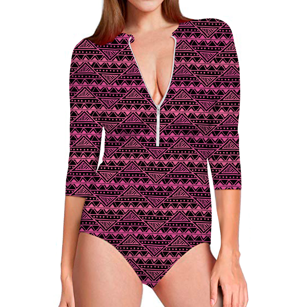 Pink African Ethnic Pattern Print Long Sleeve One Piece Swimsuit