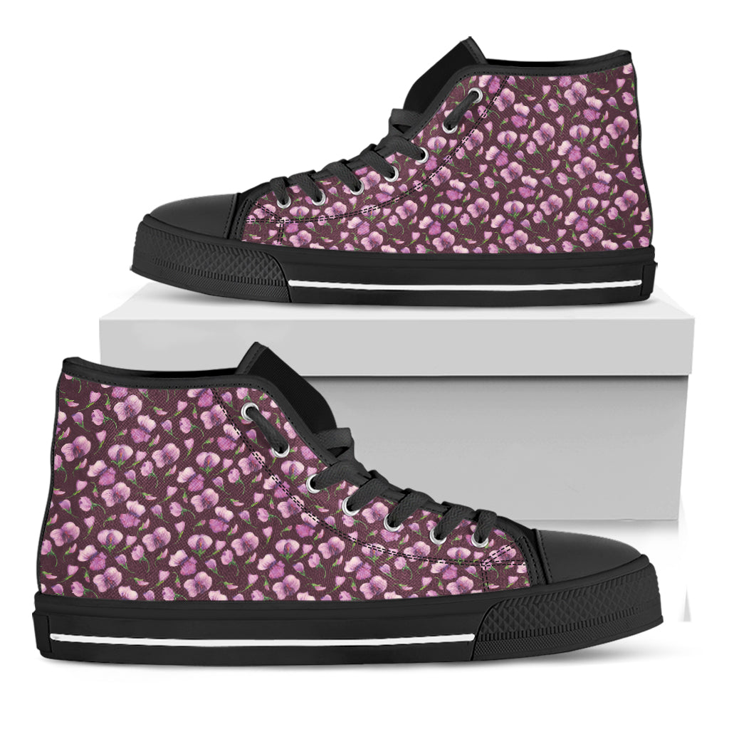 Watercolor Sweet Pea Pattern Print Black High Top Shoes