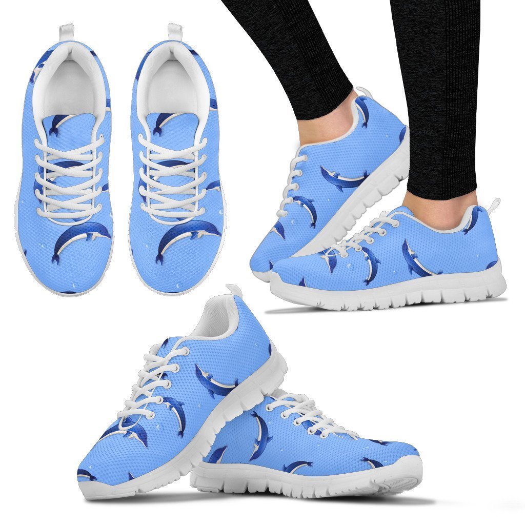 Dolphin Blue Print White Sneakers, Personalized Shoes Custom Name, Text For Women, Men