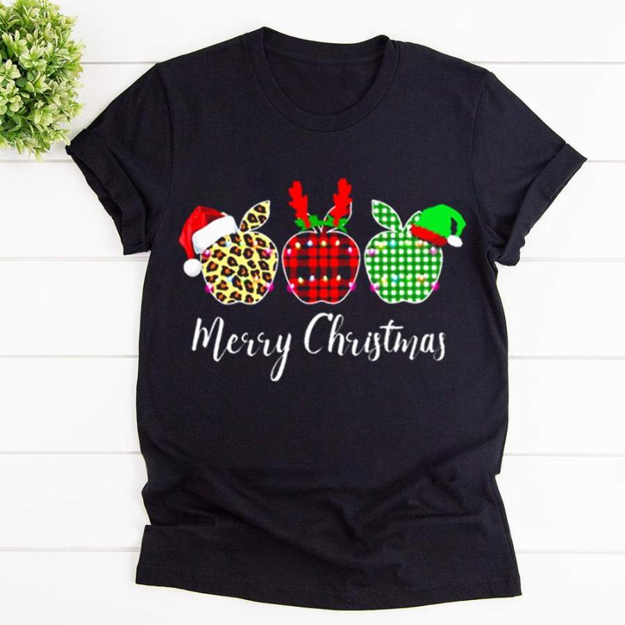 Teacher appel merry christmas leopard plaid aples santa hat deer black cotton t shirt for men and women S-6XL