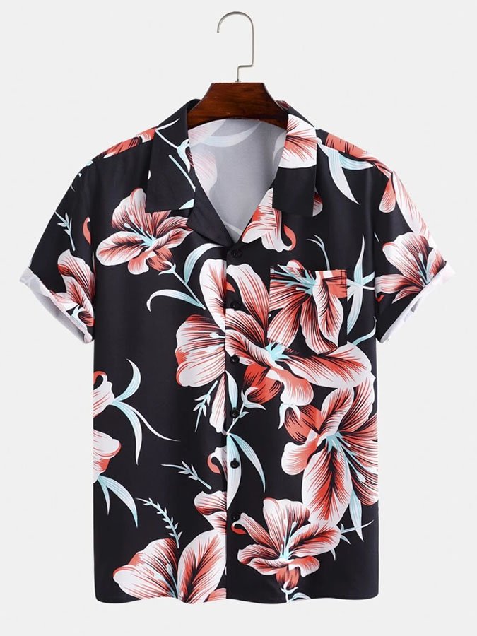 Random Tropical Floral Print Short Sleeve Patch Pocket Hawaii Shirt Ha99566