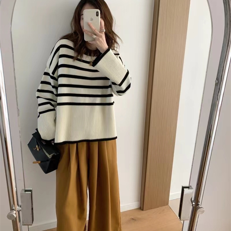 Stripe Sweater Female Design Sense 2021 Autumn New Korean Loose Lazy Style Pullover Sweater Tops For Women QWO6 alx