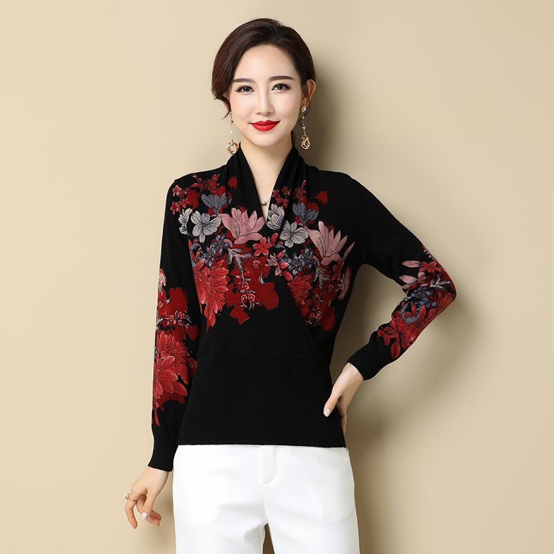 YISU Women Winter Sweater V-Neck Printing Winter tops Long sleeve Jumpe Warm Femaler Fashion Retro Thin section Knitted pullover alx