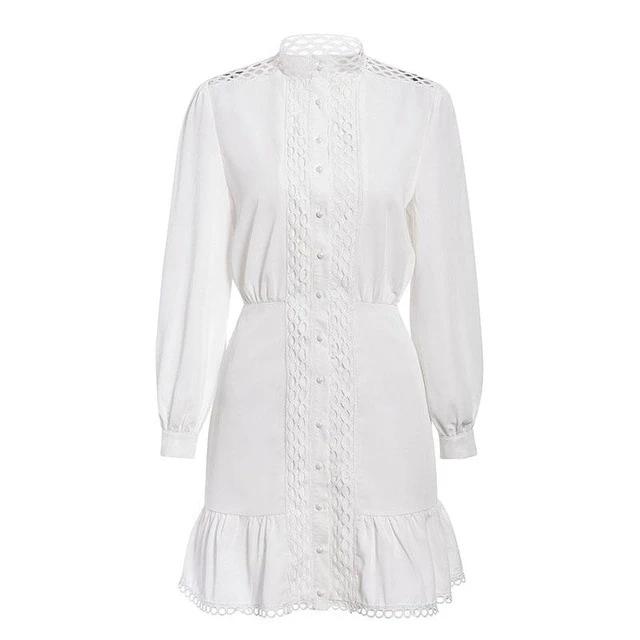 Streetwear White Long Sleeve Ruffle Hollow Out Mini Dress