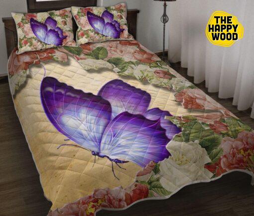 Butterfly Purple Flower Tear Quilt Bed Set And Pillow Covers