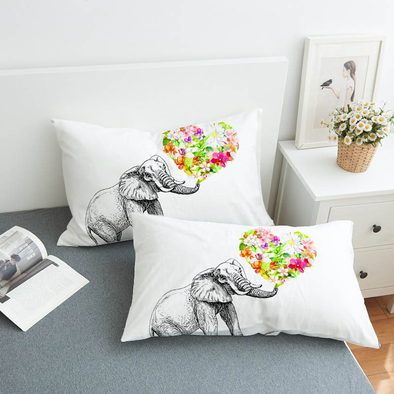 Sketch Elephant And Colored Flowers Pillowcase