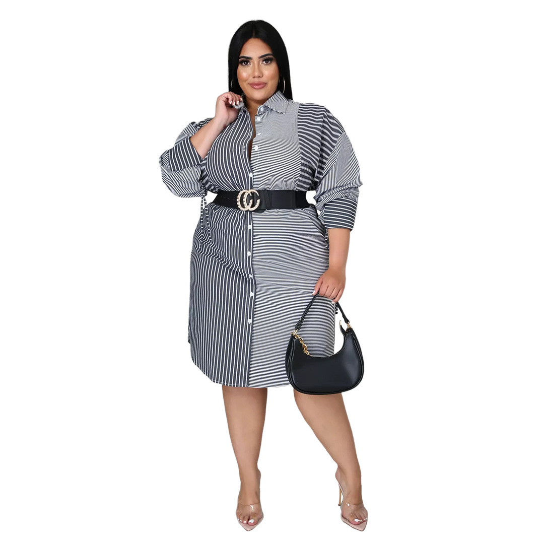 XL-5XL 2022 Plus size women clothing fashion Splicing stripe printing long sleeve casual shirt dress Wholesale Dropshipping alx