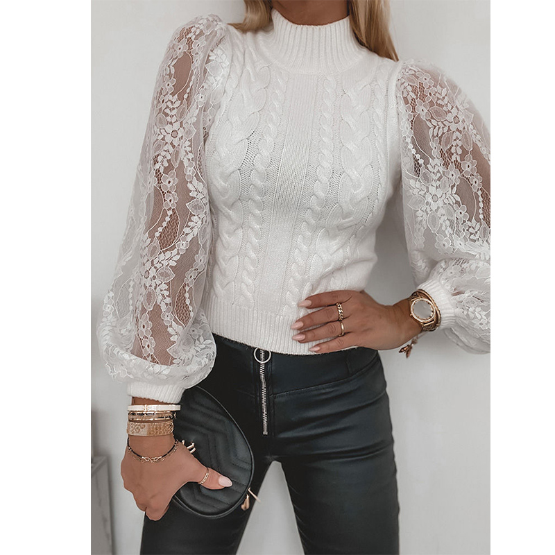 Vintage Sweater Lace Lantern Sleeve Knitted Pullover Women Turtleneck Sexy Jumper Autumn and Winter Fashion Top Drop Shipping alx