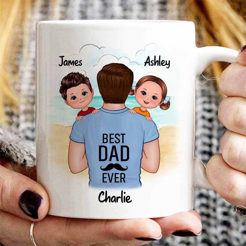 Dad Carrying Kids On Shoulder Best Dad Ever Beach Landscape Father’S Day Gift For Daddy Personalized Mug