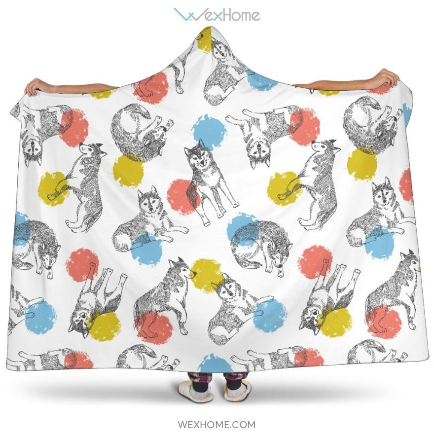 Siberian Husky And Colorful Circle Pattern Hooded Blanket