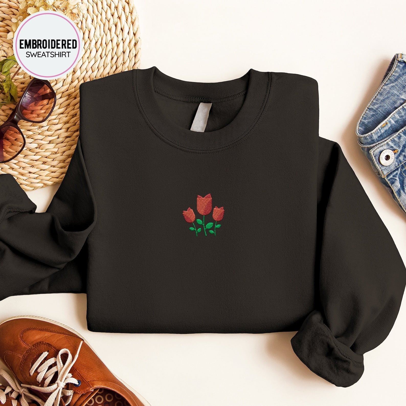 Red Flowers Embroidered Sweatshirt 2D Crewneck Sweatshirt All Over Print Sweatshirt For Women Sweatshirt For Men Sws2876