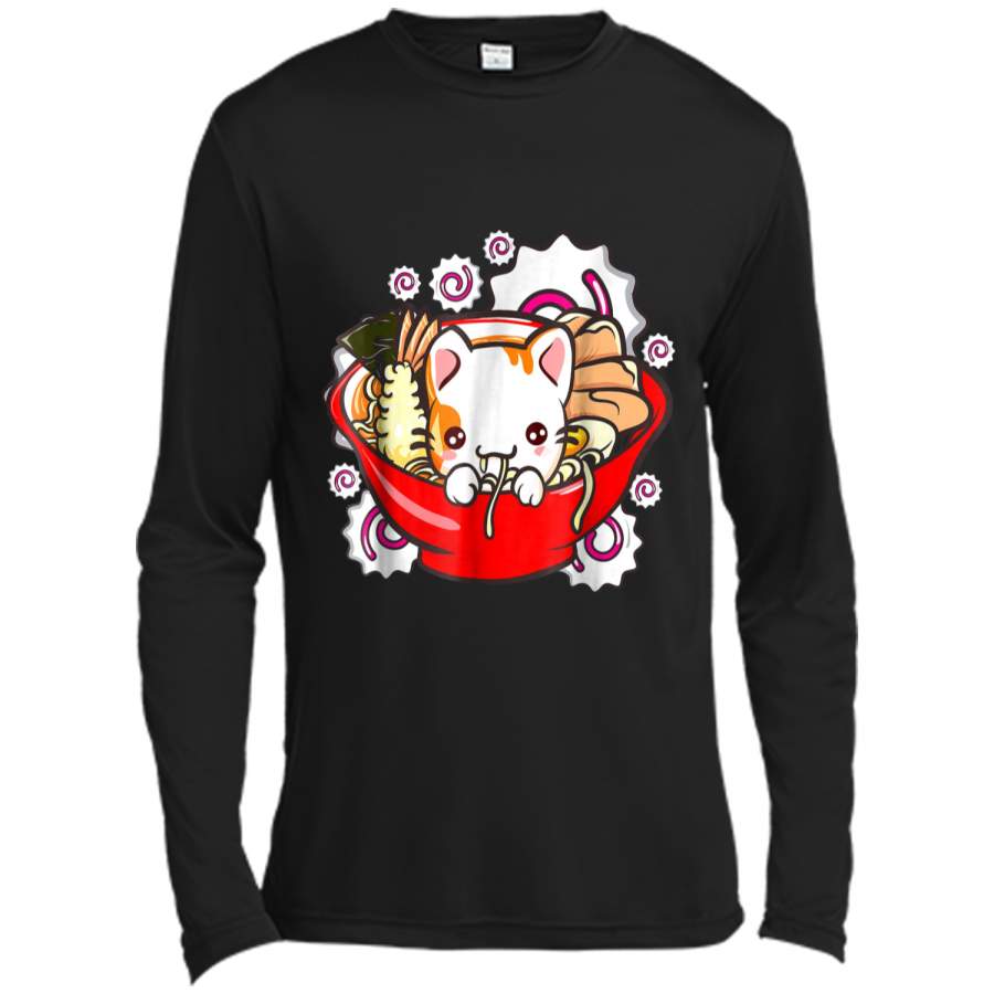 Cute Kawaii Cat Ramen Bowl Japanese Anime Kitten Tee Long Sleeve Moisture Absorbing Shirt