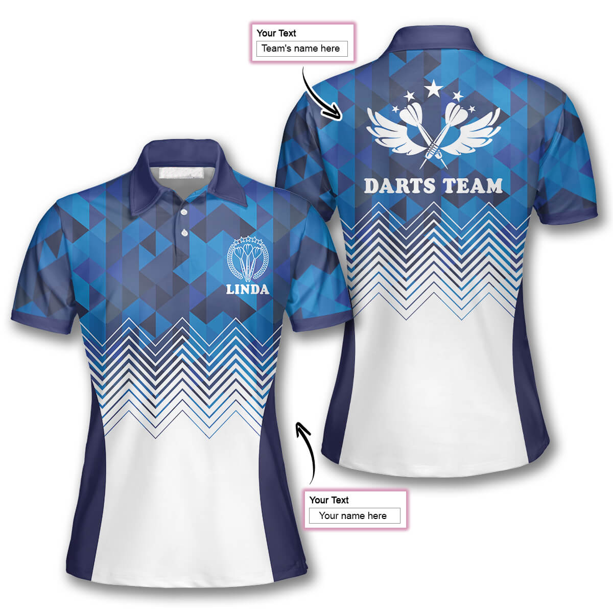 Blue White Custom Darts Shirts For Women, 3D All Over Print Dart Polo Shirt